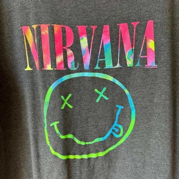Nirvana graphic band tee short sleeve top tshirt rainbow charcoal smiley face - Picture 2 of 4